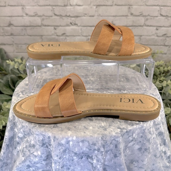 VICI Sugar Tan Interlock 2-Band Plush Cushioned Sandal Slides - WMS 7M🌞VGUC🌞 - Picture 4 of 8